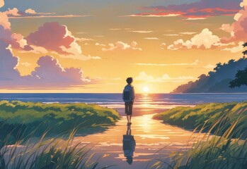 illustration of a boy falling in love with a girl. cartoon and anime style