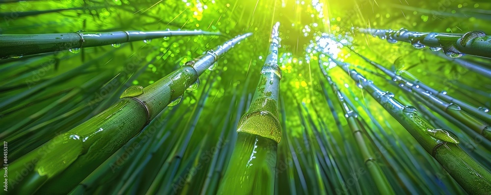 Poster lush bamboo forest with sun rays filtering through the leaves, creating a serene and tranquil natura