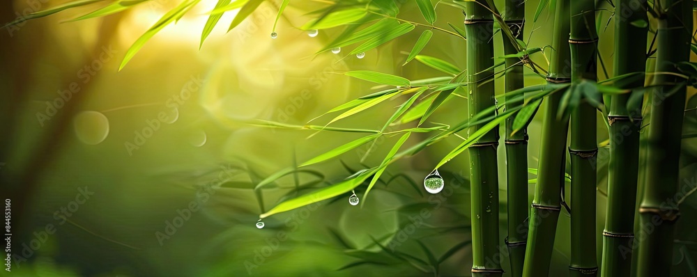 Poster Serene bamboo forest with sunlight filtering through foliage and dew drops on leaves, creating a tranquil and natural ambiance.
