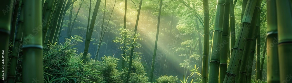 Poster sunlight filters through a dense bamboo forest, highlighting the lush green foliage and creating a s