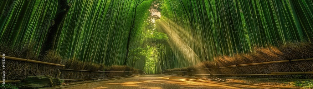 Aufkleber sunlight filters through a serene bamboo forest pathway, creating a tranquil and picturesque natural