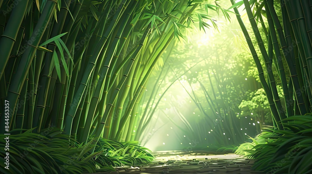 Aufkleber A serene bamboo forest path with sunlight filtering through the tall green stalks, creating a tranquil and peaceful natural scene.