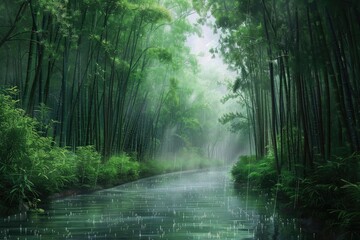 Obraz premium Serene bamboo forest landscape with a peaceful river flowing through, captured during a gentle rain, evoking tranquility and natural beauty.