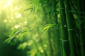 Serene green bamboo forest with sunlight filtering through, highlighting the fresh, vibrant leaves and sturdy bamboo stalks in natural beauty.