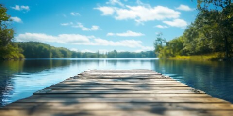 Wooden Dock Lake Mist morning lake scene with old wooden pier and light mist over still water