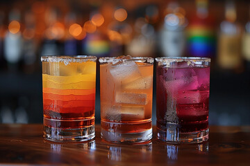 Three coluorful cocktails, layered and filled with ice, sit on a bar counter