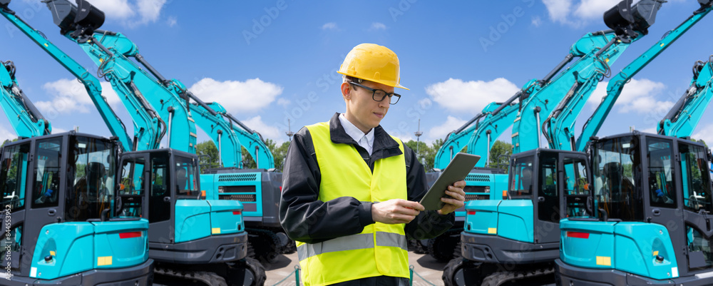 Poster engineer in a helmet with a digital tablet stands next to construction excavators..