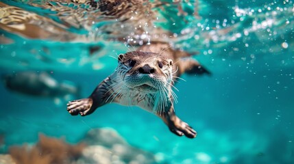 Obraz premium Otter Swimming Underwater in Clear River