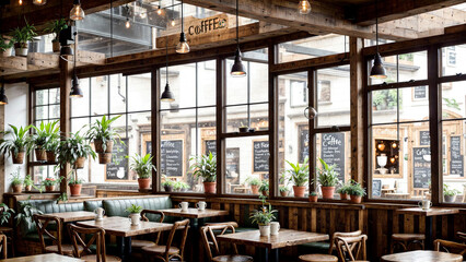 Cozy and inviting café interior with rustic wooden furniture and large windows allowing natural light to flood the space. The café features wooden tables and chairs, a row of high stools along the win
