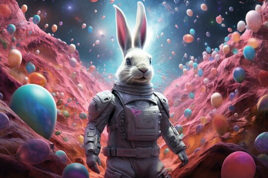 Whimsical illustration of an astronaut rabbit exploring a vibrant alien terrain with floating bubbles