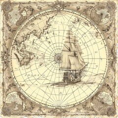 Fototapeta premium Vintage world map illustration with an old sailing ship at the center, surrounded by intricate navigational and geographical details.