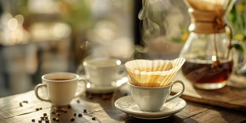 Pour-over coffee being made with a filter in a cozy setting, demonstrating a slow brewing method with steam rising from the cup, evoking a sense of calm and comfort.