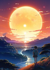 illustration of a lone person at night by moonlight in anime and cartoon style.