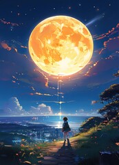 illustration of a lone person at night by moonlight in anime and cartoon style.