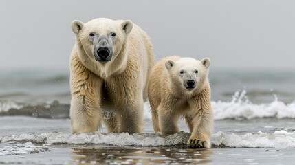 Two polar bears walking on the beach
