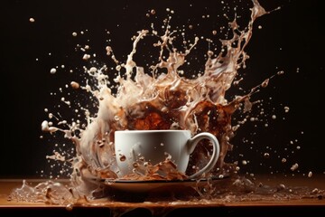 Dynamic image capturing an explosive splash of coffee and milk overflowing from a white cup