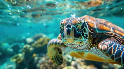 Fototapeta premium A turtle is swimming in the ocean with its head sticking out of the water