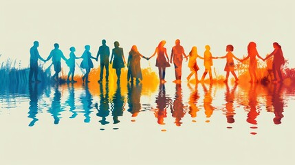 A vibrant vector illustration depicting diverse refugees holding hands, symbolizing unity and support. The image features ample copy space for text. Ideal for humanitarian and refugee awareness 