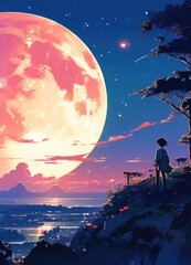 illustration of a lone person at night by moonlight in anime and cartoon style.