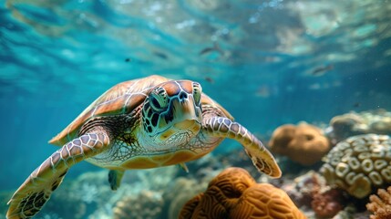Obraz premium A turtle swimming in the ocean with a coral reef in the background