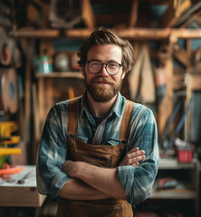 Handsome bearded woodworker happily crafting in his traditional workshop studio