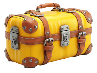 Stylish vintage yellow suitcase with brown leather straps and metal clasps, perfect for travel or decoration, isolated on white background.