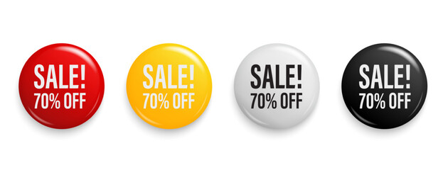 70 percent discount tag. 3D Round sticker badge with offer message. Advertising discounts symbol. Save money 70%. Discount label set for shopping marketing, and advertisement. Vector illustration.