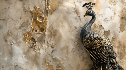 Obraz premium A refined volumetric sculpture of a peacock with delicate golden elements, displayed against a rustic plaster wall, blending elegance with natural beauty