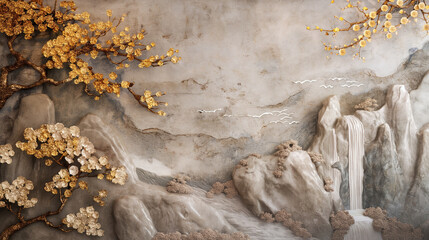 An exquisite volumetric stucco relief on a concrete wall, illustrating a Japanese landscape with a serene waterfall, majestic mountains, and shimmering golden sakura petals enhanci