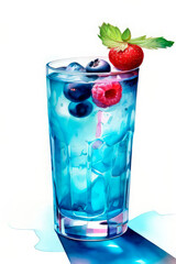 Fresh healthy cold berry drink hand painted in watercolor. Summer refreshing drink with blueberries, raspberries, strawberries and ice