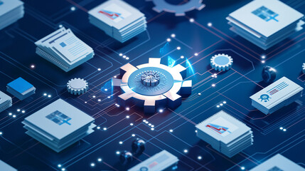 A conceptual visualization of document lifecycle automation, with gears turning in unison to represent the seamless flow of documents through automated workflows, demonstrating the
