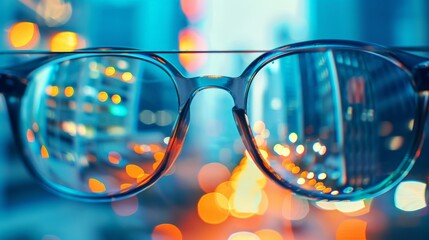 A pair of glasses with a city lights bokeh background. The glasses are in focus and the city lights are blurred.