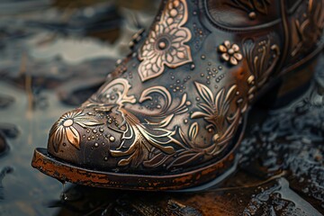 Explore the artistry and precision in the intricate details of a boot spur, showcasing the exquisite craftsmanship and design of the metalwork, a perfect blend of tradition and style.