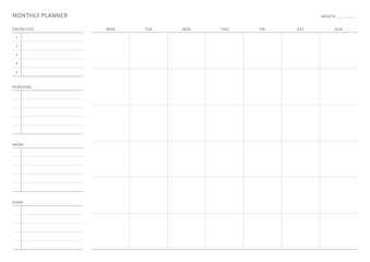 A monthly plan template with a simple and minimal style. Note, scheduler, diary, calendar planner document template illustration. - Powered by Adobe