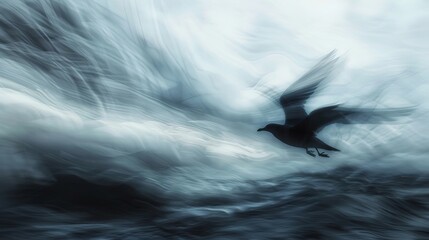Fototapeta premium A single seagull soars through a stormy sky, its wings cutting through swirling clouds