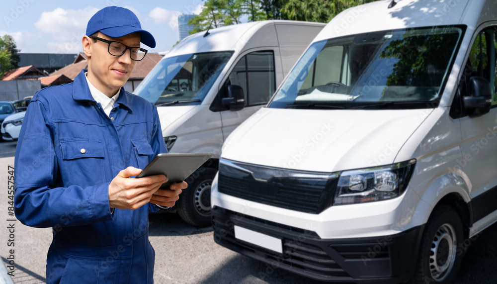 Poster manager with a digital tablet on the background of vans. fleet management