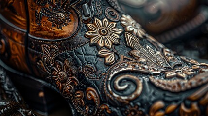 Obraz premium Explore the artistry and precision in the intricate details of a boot spur, showcasing the exquisite craftsmanship and design of the metalwork, a perfect blend of tradition and style.