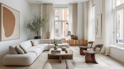 Art Home. Contemporary Interior with white sofa and paintings