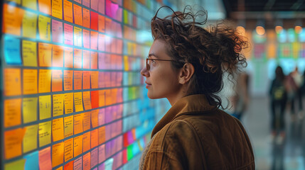Woman examining PostIt notes on wall to brainstorm ideas in a creative workspace