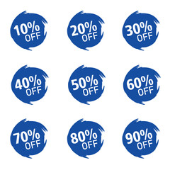 Discounts numbers of percent sign in blue and white colors isolated on white background, from 10% to 90% discounts.