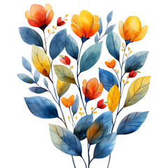 The image shows a beautiful bouquet of flowers with blue leaves and yellow and orange petals.