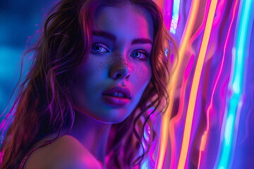 Fototapeta premium A beautiful girl posing elegantly against a vibrant neon background, creating a stunning and modern visual effect.