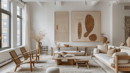 Art Home. Contemporary Interior with white sofa and paintings