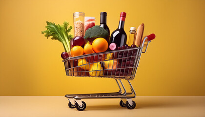 Full Shopping Cart of Fresh Produce and Wine on Yellow Background