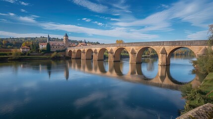Naklejka premium A medieval bridge with Gothic arches spans a tranquil river, a charming village in the background.
