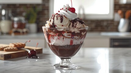 Ice Cream Sundae: A classic sundae with vanilla, chocolate, and strawberry ice cream, topped with chocolate sauce, whipped cream, and cherries.