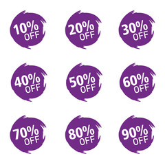 Discounts numbers of percent sign in purple and white colors isolated on white background, from 10% to 90% discounts.