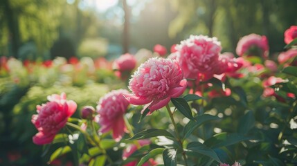 Obraz premium Stretch of pink peonies extends into the distance creating a stunning view at the center of Grishko Garden