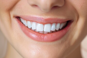 Obraz premium Close-up of a woman's smile, showcasing bright, healthy teeth. Perfect for dental, health, and beauty-related content.