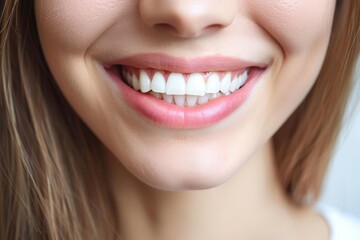 Obraz premium Close-up of a woman's smiling face, showcasing her bright white teeth and healthy gums.